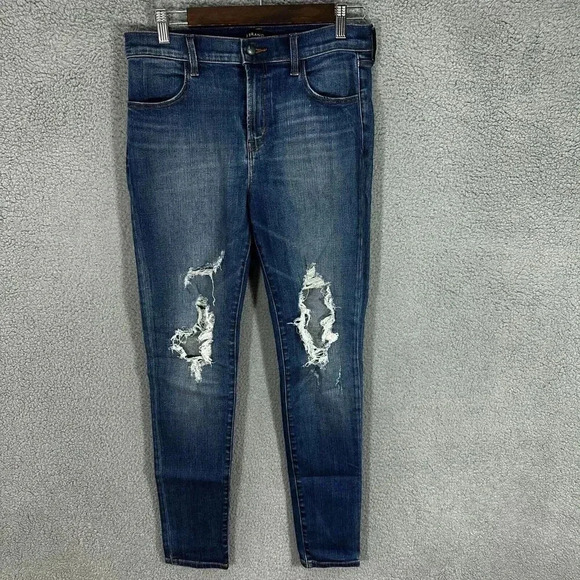 J. Brand Skinny Jeans Womens 29 Blue Dark Wash High Rise Stretch Distressed Boho - Picture 1 of 9